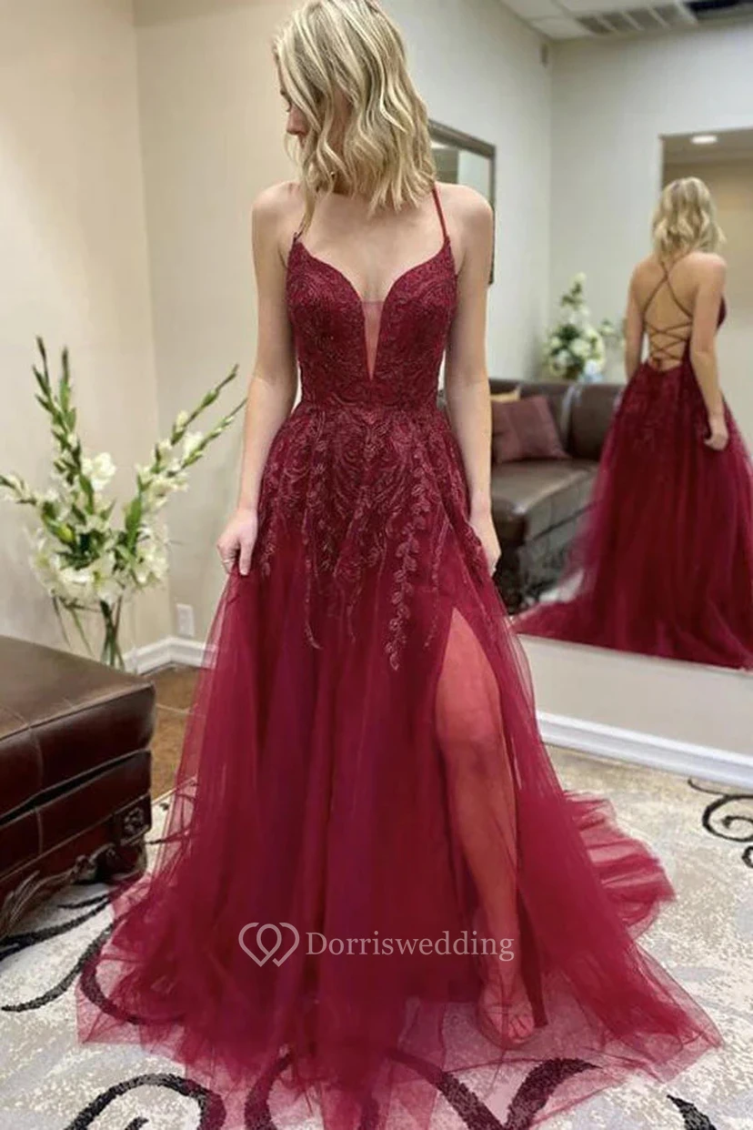 Vestido de fiesta sexy de corte A con apliques de tul y encaje, estilo tul, con tirantes finos.
