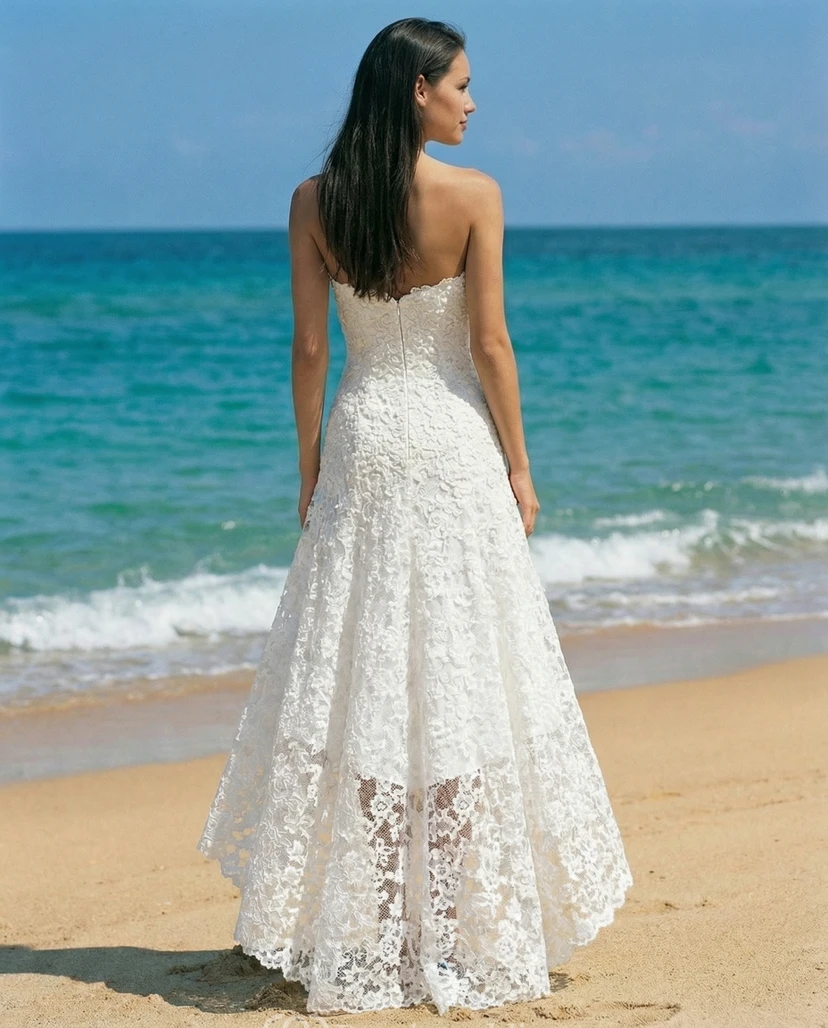 Strapless Asymmetrical Lace Sheath Wedding Dress view 2