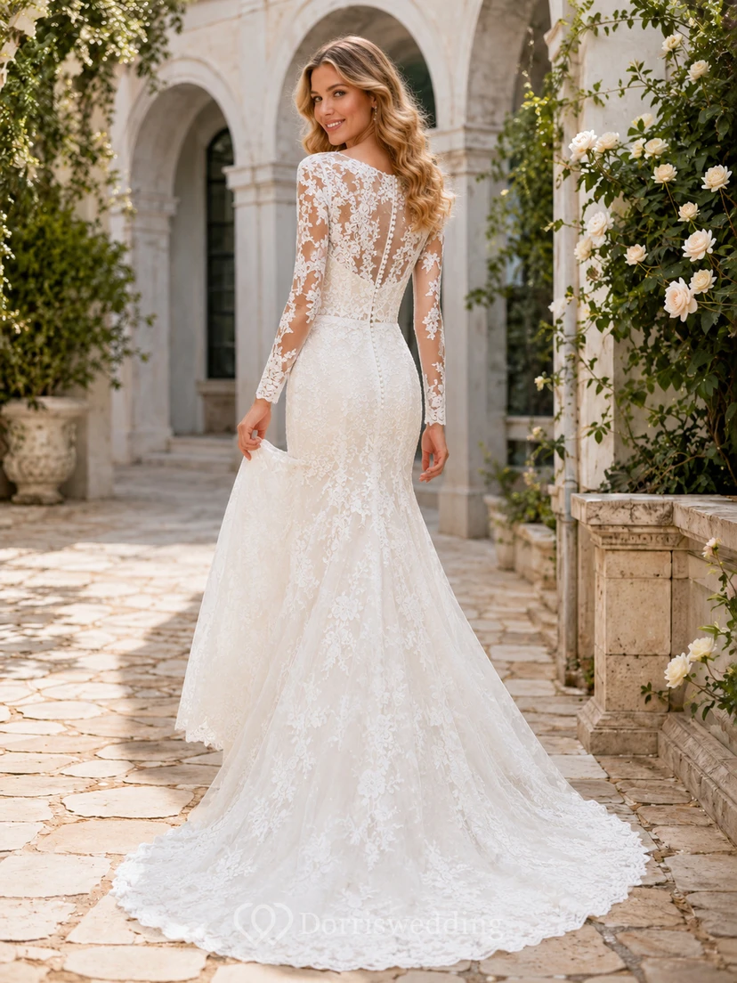Robe de mariée sirène flatteuse à décolleté plongeant en V et manches longues en dentelle illusion view 2