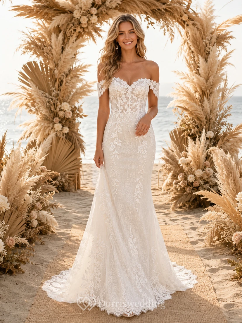 Off Shoulder Pampas Boho Mermaid Lace Ceremony Wedding Dress
