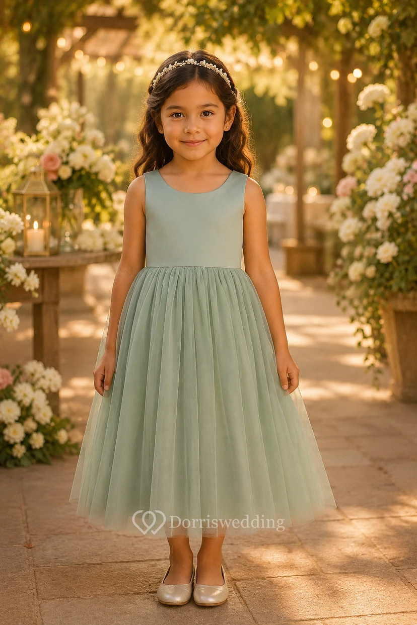 Purple Scoop-neck Sleeveless Satin A-line Tulle Flowergirl Dress view 7
