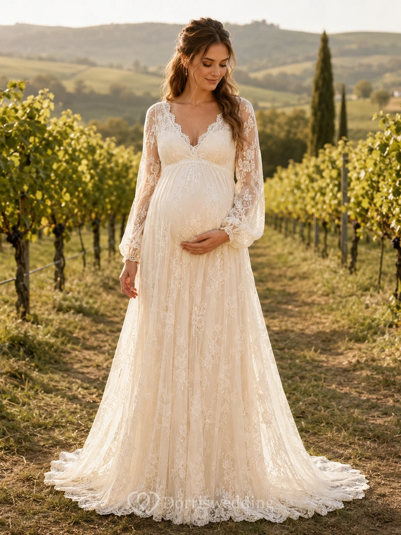 Maternity Lace V Neck Long Sleeve Vineyard Wedding Dress