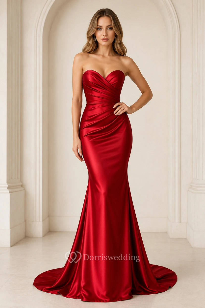 Vestido formal de satén rojo sin tirantes con escote corazón y corte sirena