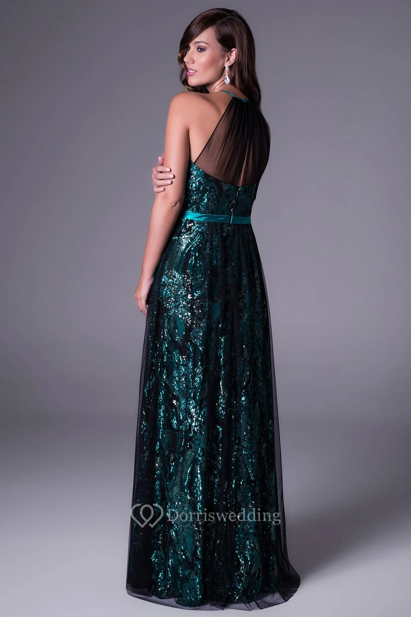 Ärmelloses, bodenlanges Pailletten-Abendkleid in A-Linie mit Rundhalsausschnitt view 2