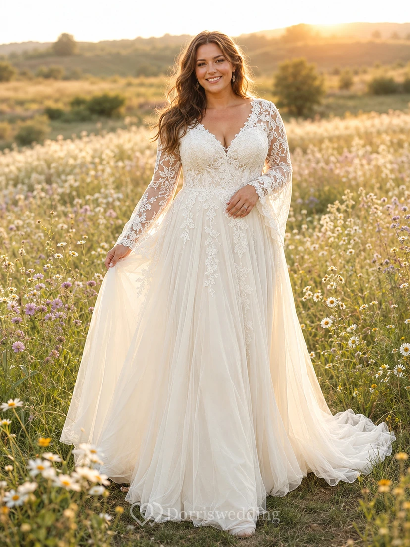 Plus Size Bohemian Lace Sleeve Meadow Wedding Dress