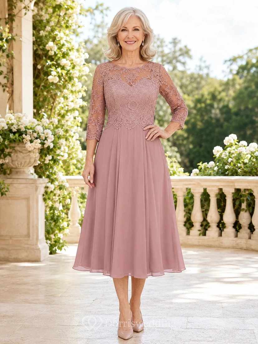 Altrosafarbenes Chiffon-Kleid mit Dreiviertelärmeln, Rundhalsausschnitt und A-Linien-Schnitt aus Spitze