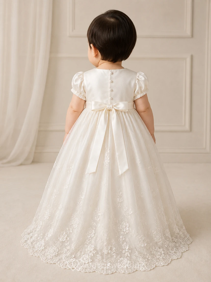 Vestido de bautizo para bebé con mangas abullonadas, corte en A, falda de satén y encaje, elegante, romántico, adorable, con detalles de joyas y manga corta. view 2