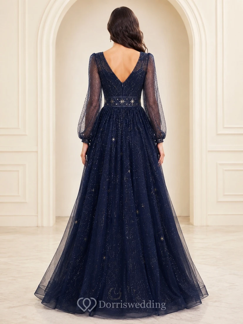 Ink Navy Romantic Elegant V-Neck Long-Sleeve Tulle-Lace A-Line Floor-Length Evening Dress view 2