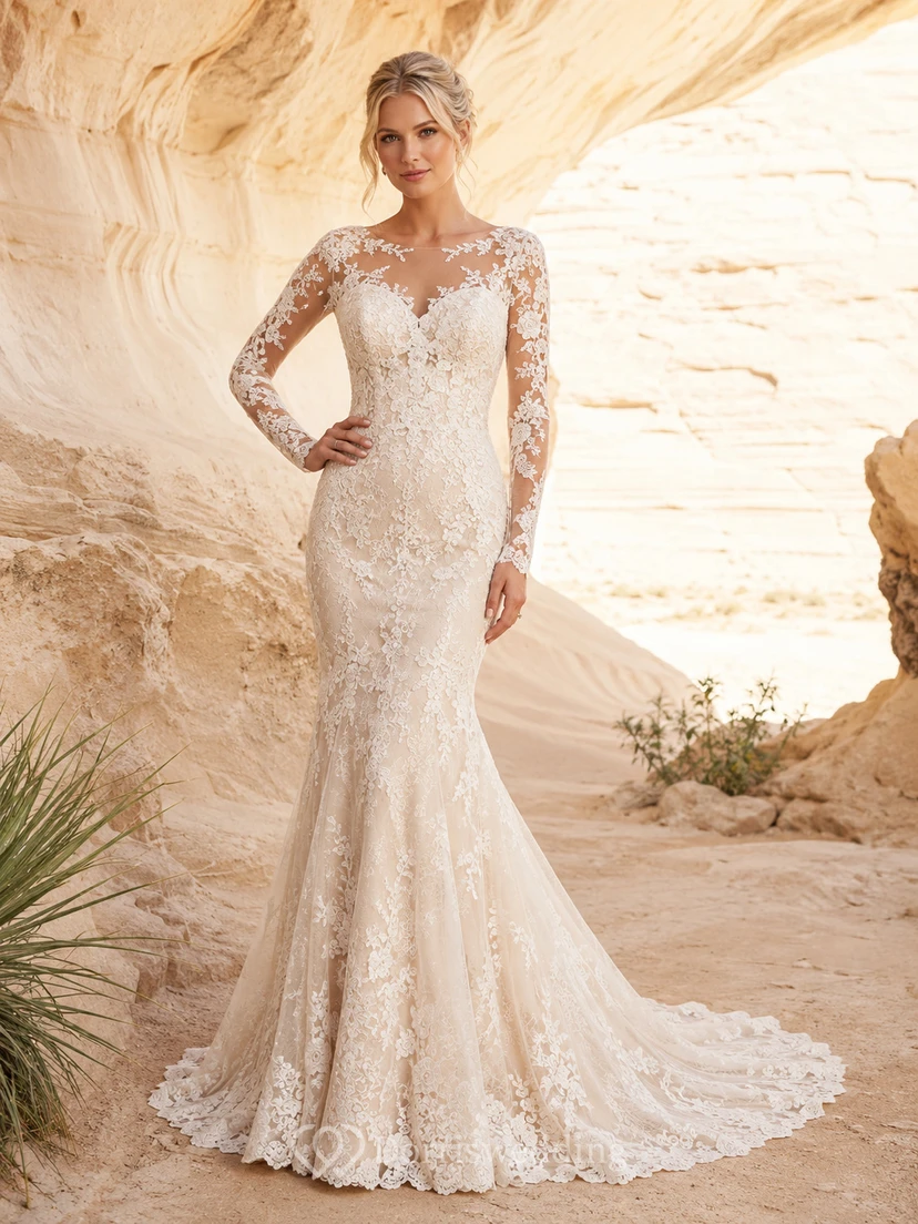 Robe de mariée sirène en dentelle à manches longues illusion et col montant, traîne chapelle, style désert