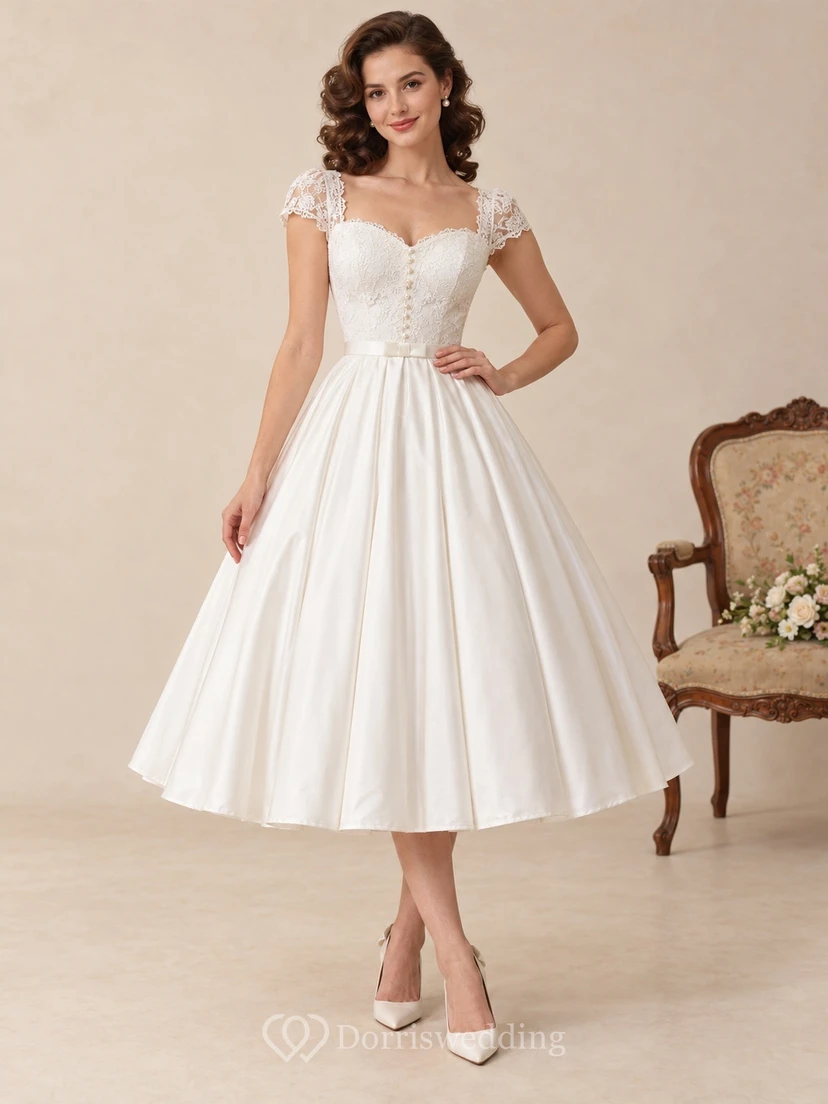 Robe de mariée vintage en satin, coupe trapèze, décolleté cœur et manches courtes, longueur thé