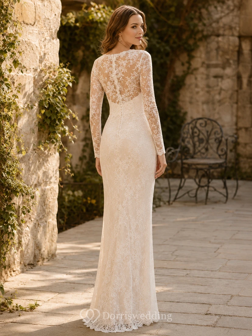 Modest Allover Lace Intimate Wedding Sheath Bateau Long Sleeves Floor Length view 2