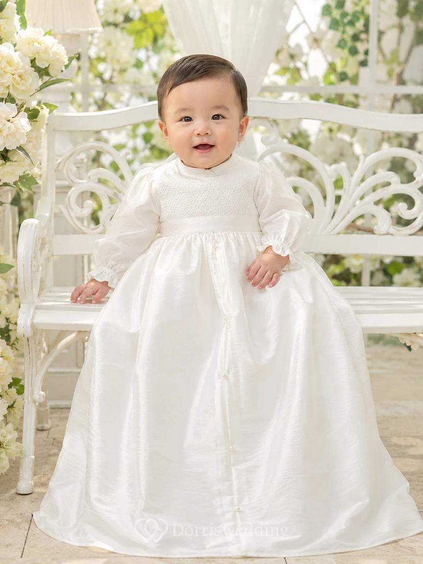 Dupioni Silk Baby Baptism A-Line Long Sleeve Floor-Length Gown Simple Elegant Adorable Satin