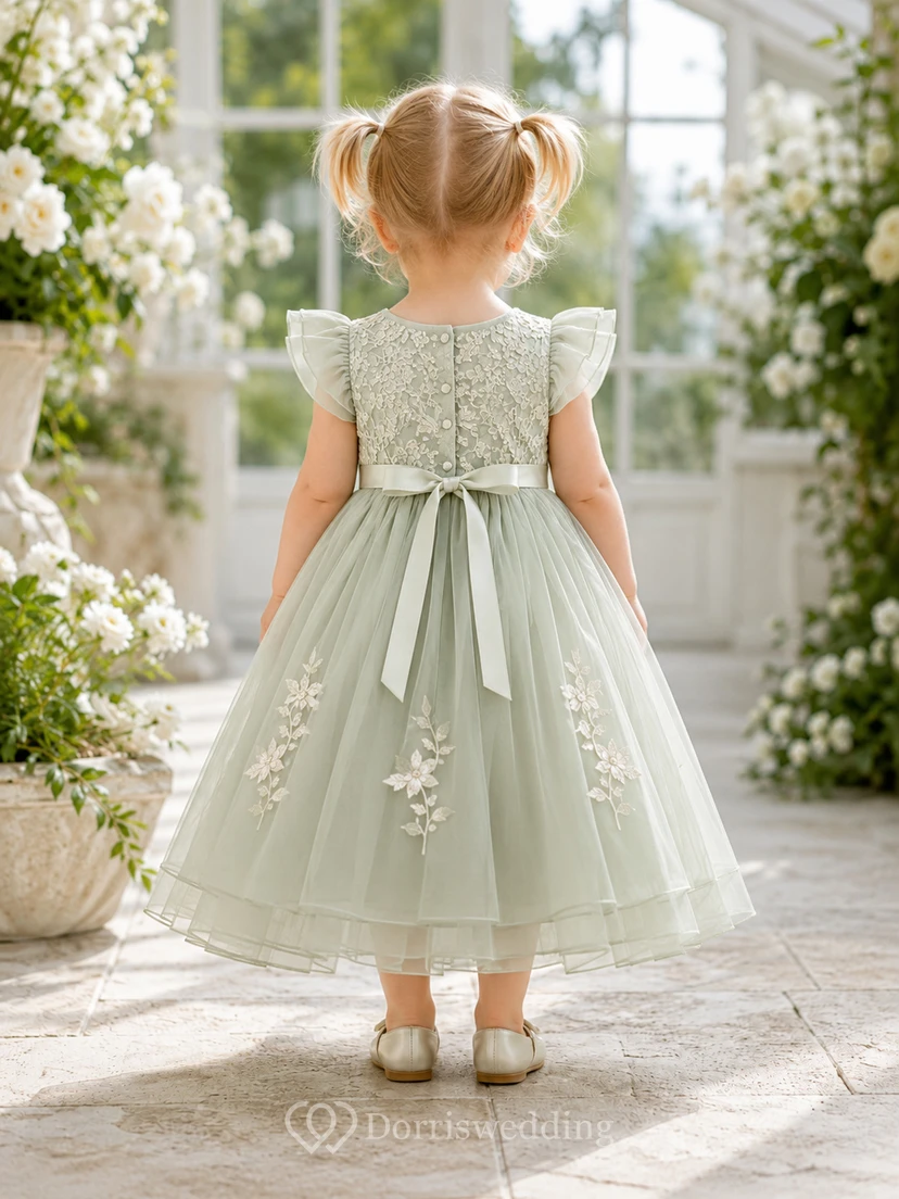 Sage Flower Girl Dress Tea-Length A-Line Floral Lace Ruffle Sleeve Tulle Button Back Bow view 2