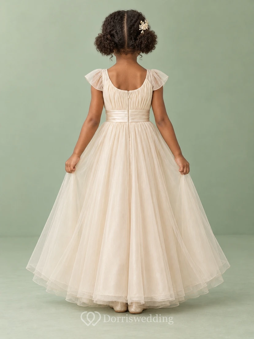 Champagnerfarbenes A-Linien-Kleid für Blumenmädchen mit transparentem Rock, flatternden Ärmeln, plissiertem Oberteil, bodenlang, umgeschlagener Taille und tiefem Rückenausschnitt. view 2