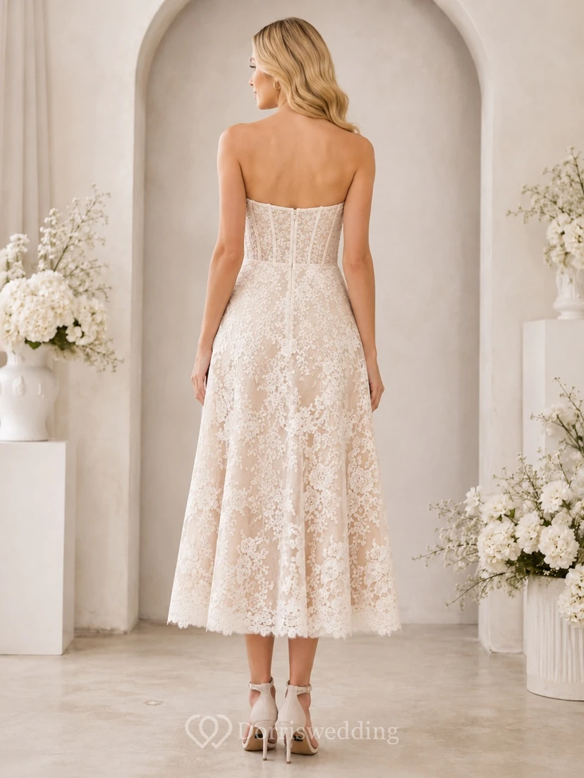 Ivory Lace Strapless Sweetheart A-Line Tea Length Bridesmaid Cocktail Dress view 2