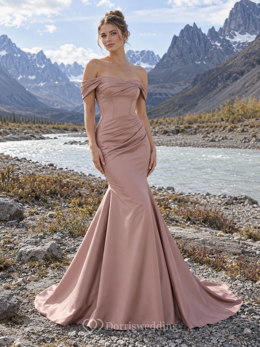Dusty Rose Off-the-Shoulder Matte Satin Mermaid Wedding Dress with Draped Bodice and Sweep Train