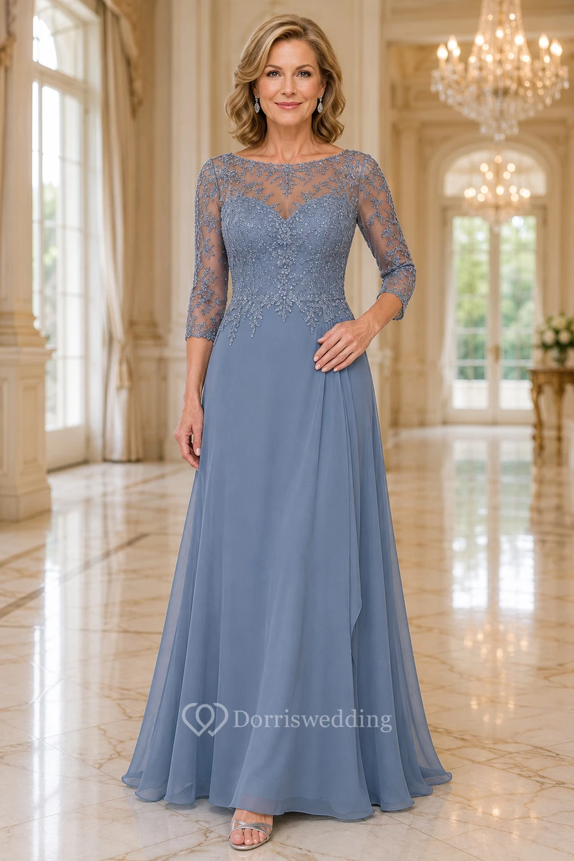 Stahlblaues Chiffon-Mutterkleid mit Spitzenoberteil und Dreiviertelärmeln
