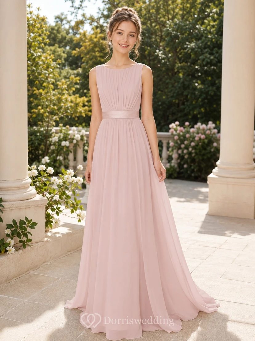 Vestido de dama de honor juvenil rosa ruborizado, corte en A, sin mangas, de gasa, romántico.