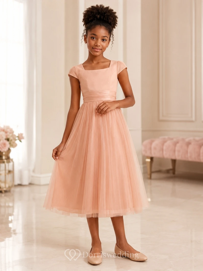 Coral Junior Bridesmaid Dress A-Line Tea-Length Square Short Sleeve Cap Detail Romantic