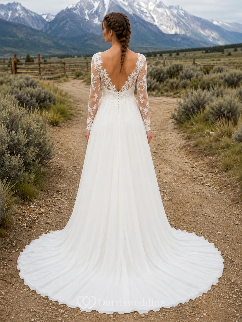 Robe de mariée trapèze en dentelle rustique western à manches longues view 2
