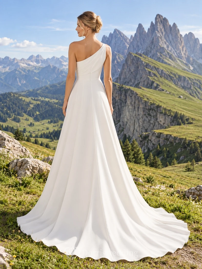 Vestido de novia sencillo de crepé, sin mangas, de corte A, con un solo hombro y cola. view 2
