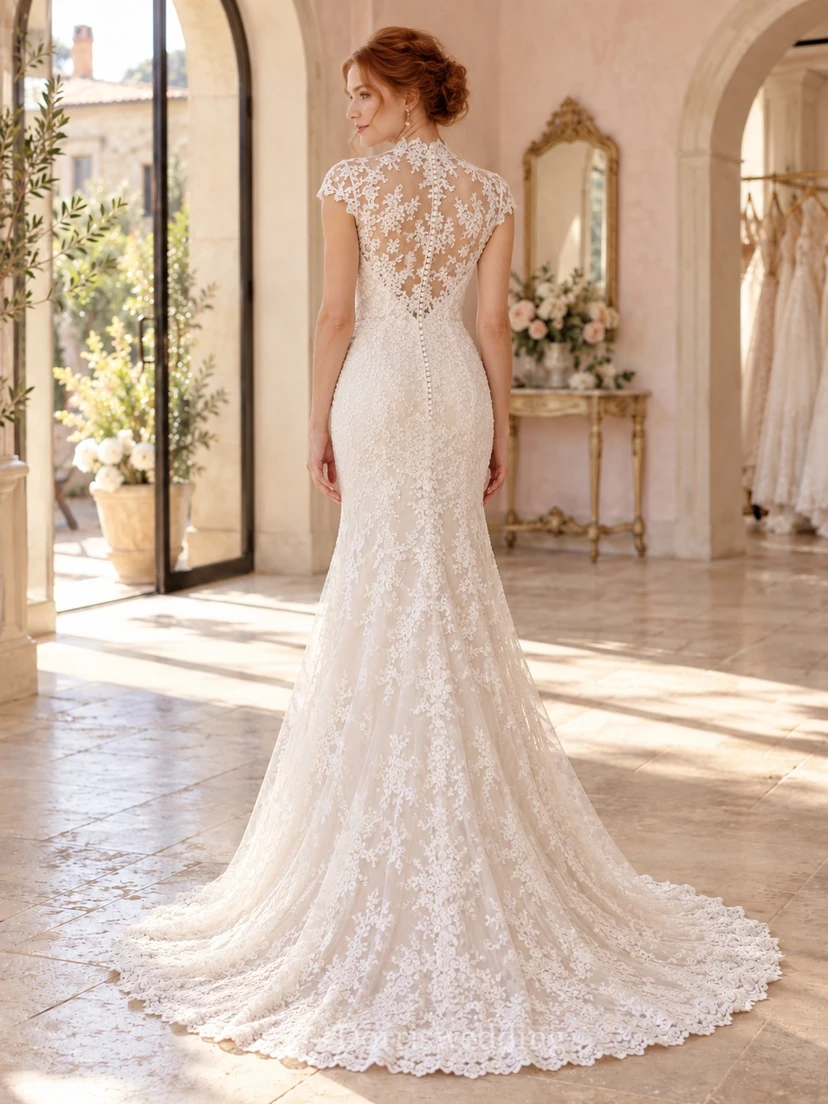High Neck Cap Sleeve Mermaid Floral Lace Button Wedding Dress view 2