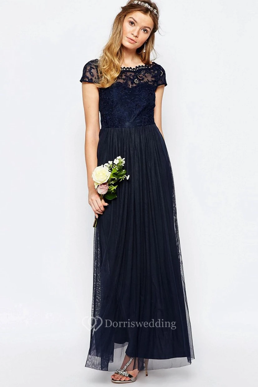 A-Line Appliqued Bateau-Neck Floor-Length Short-Sleeve Chiffon Bridesmaid Dress With Pleats