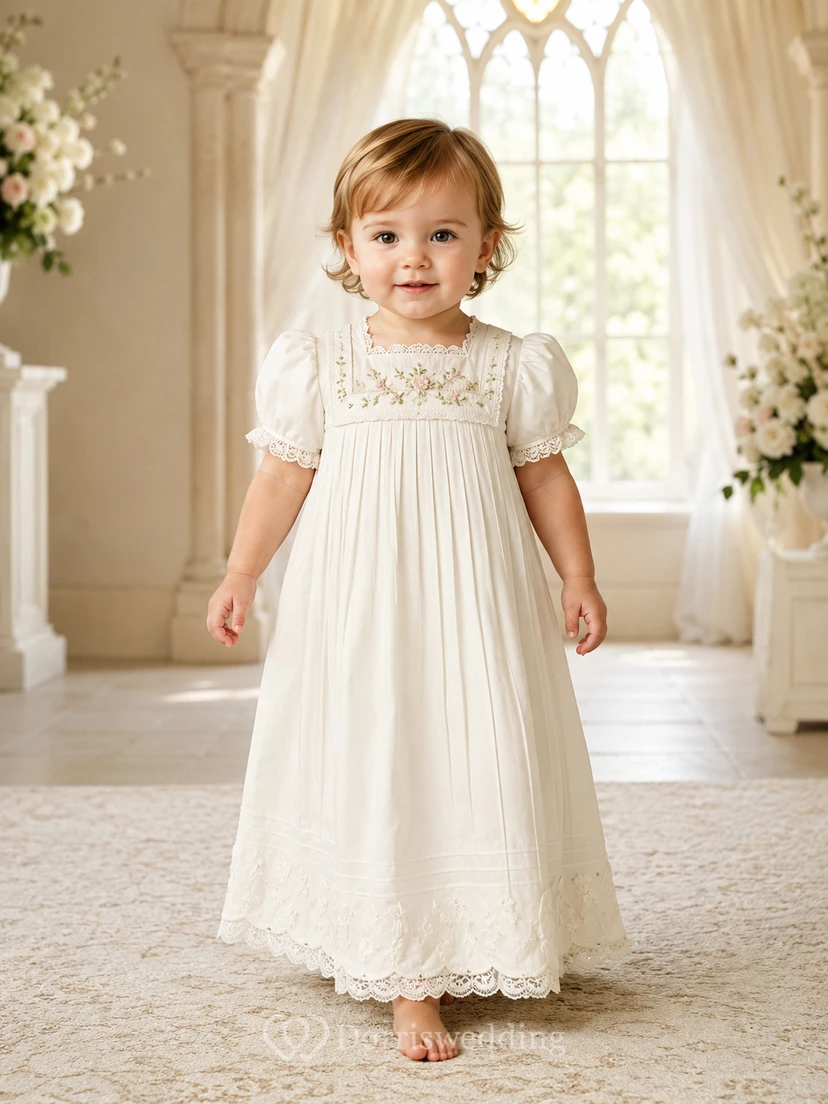 Vintage Christening Gown A-Line Cotton Lace Jewel Neck Short Sleeve Smocked