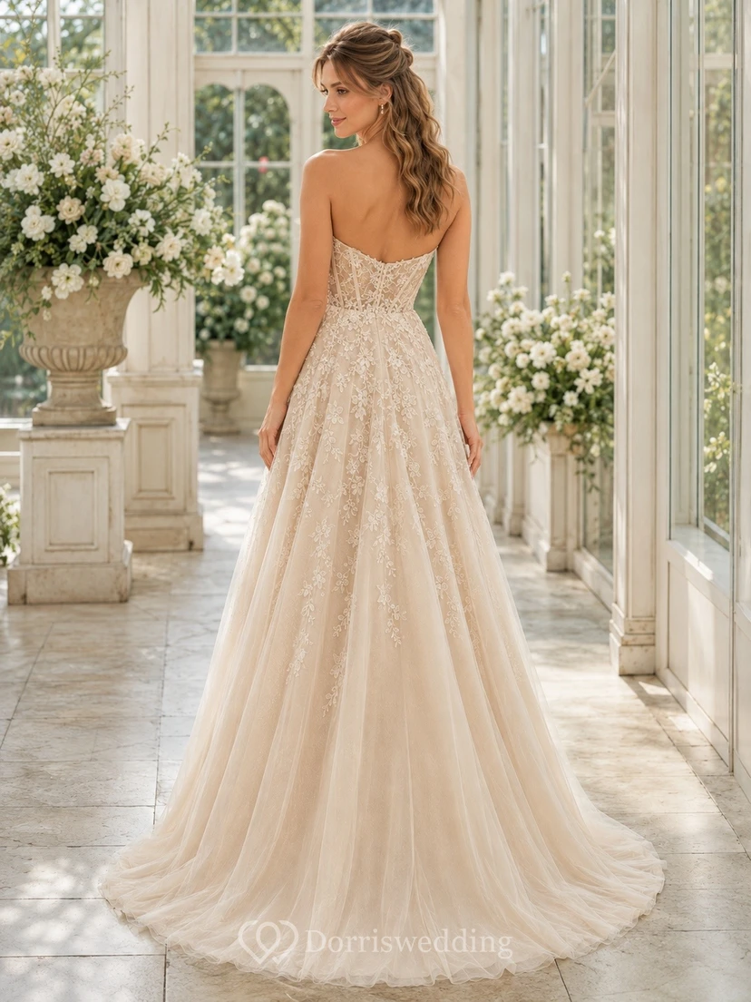 Lace Strapless A-Line Bridal Gown Chapel Train Ceremony Dress view 2
