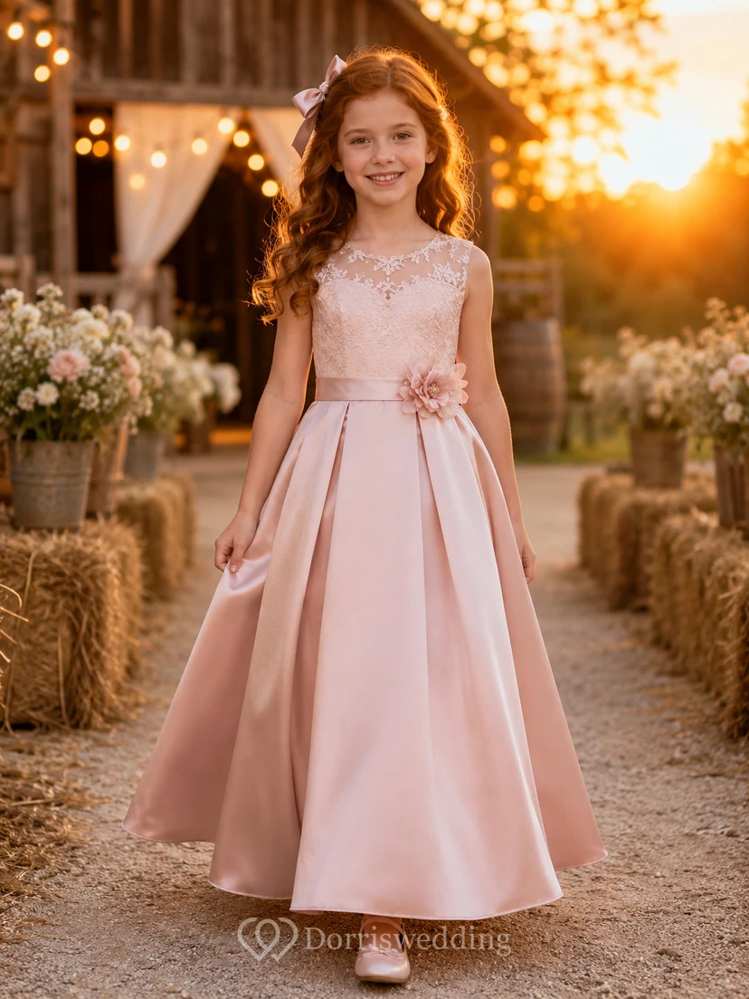 Flower Girl Dress Blush Satin A-Line Short Sleeve Jewel Neck Tea Length Bow Detail