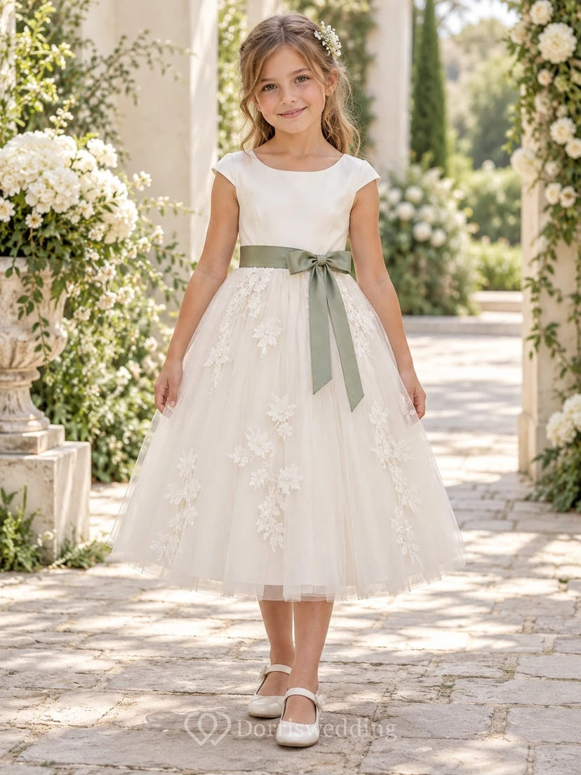 Tea-length Ivory A-line Lace Tulle Cap-sleeve Green-sash Appliqued Flower Girl Dress