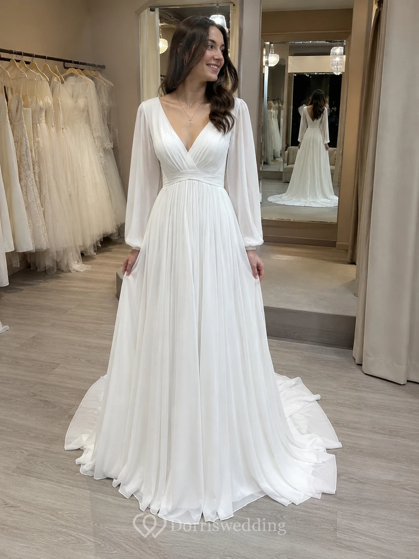 Empire Puff Long Sleeve Ruched A-line Wedding Dress view 6