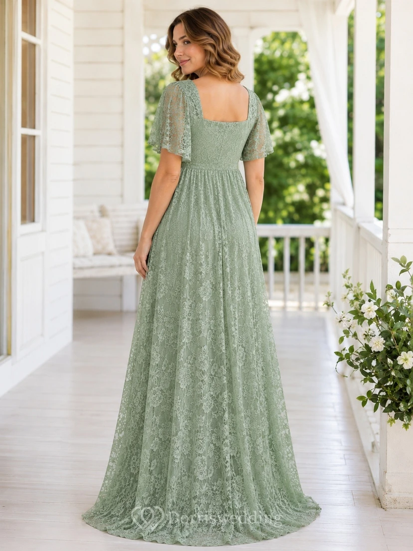 Sage Romantic Elegant Square Short-Sleeve Lace Ruched A-Line Floor-Length Formal Dress view 2