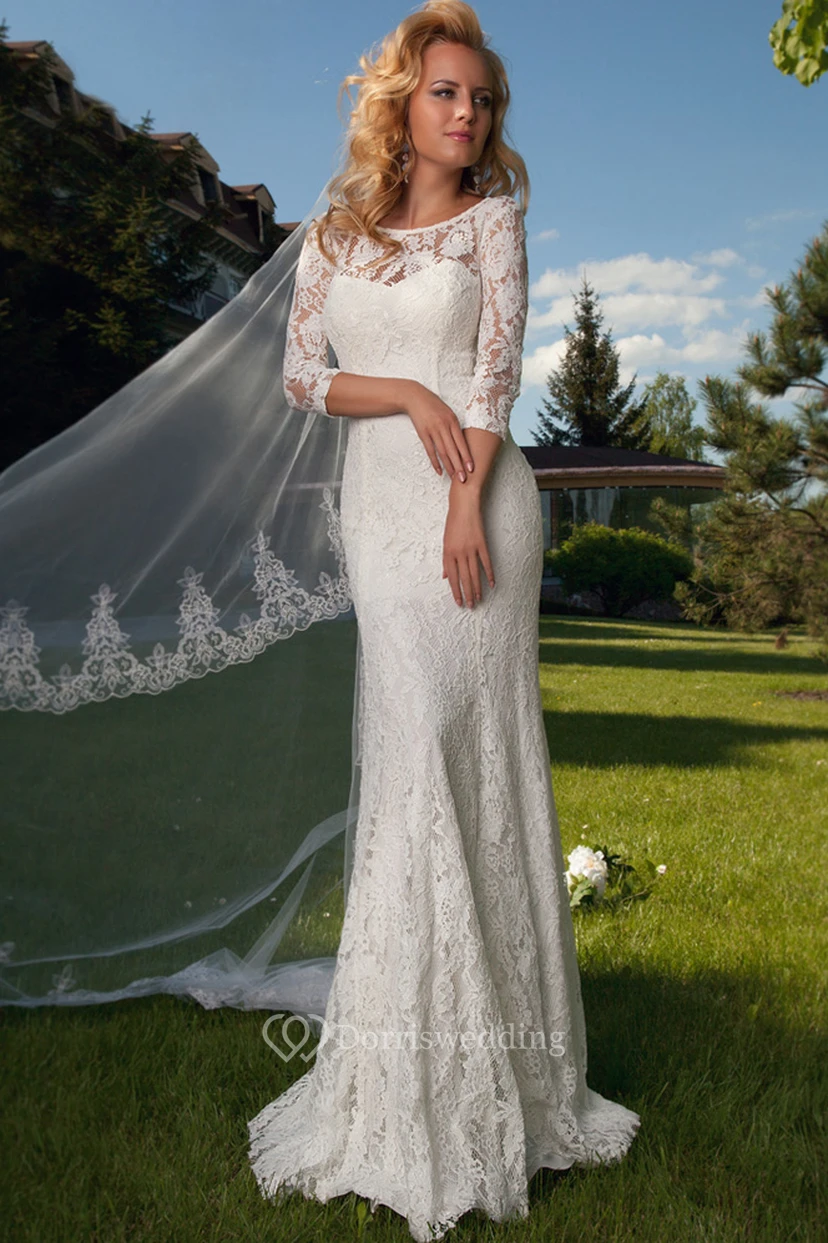 Vestido de novia modesto de corte recto con mangas 3-4, apliques, escote redondo y encaje.