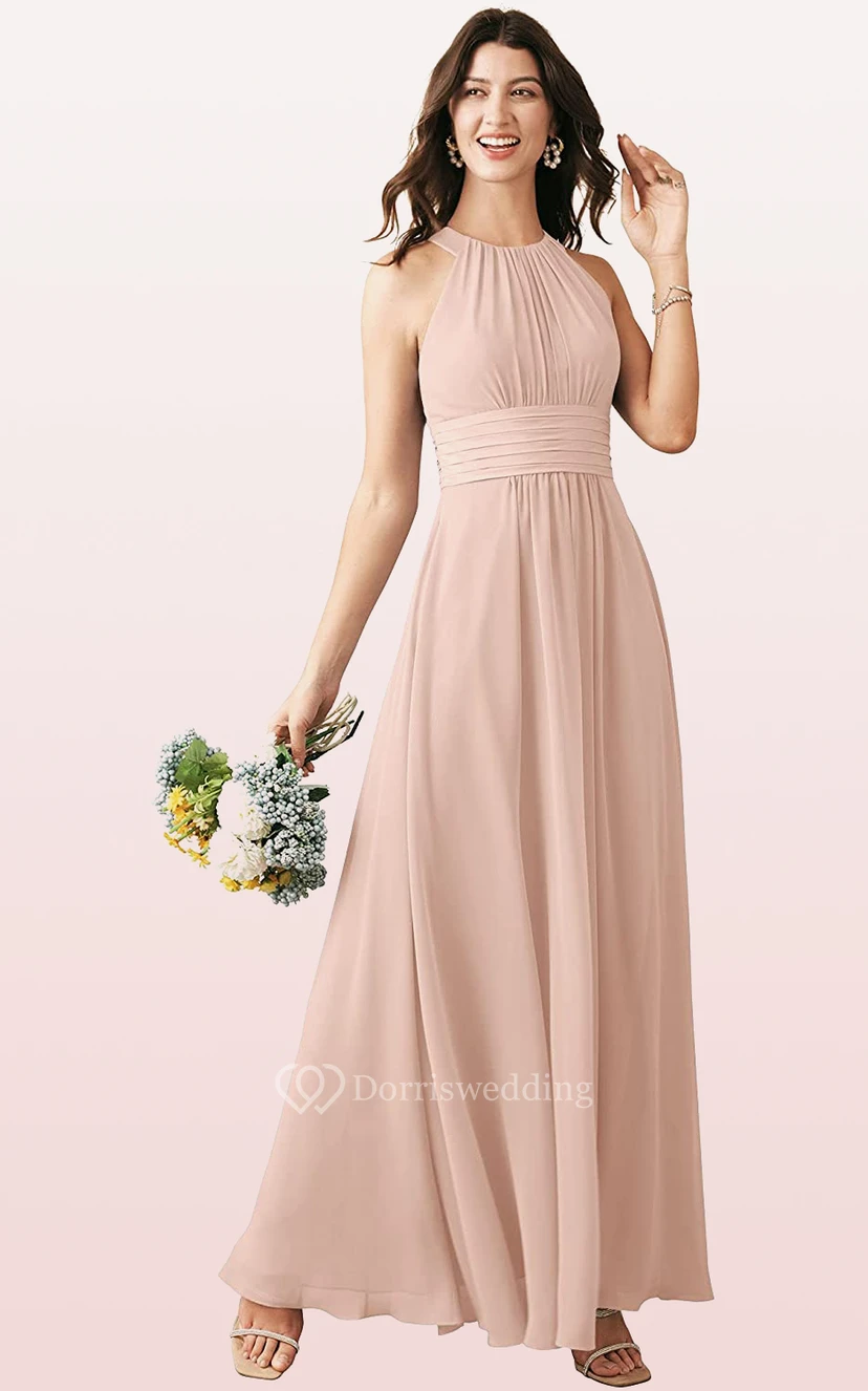 Halter A Line Sleeveless Ankle-length Chiffon Bridesmaid Dress With Ruching view 9