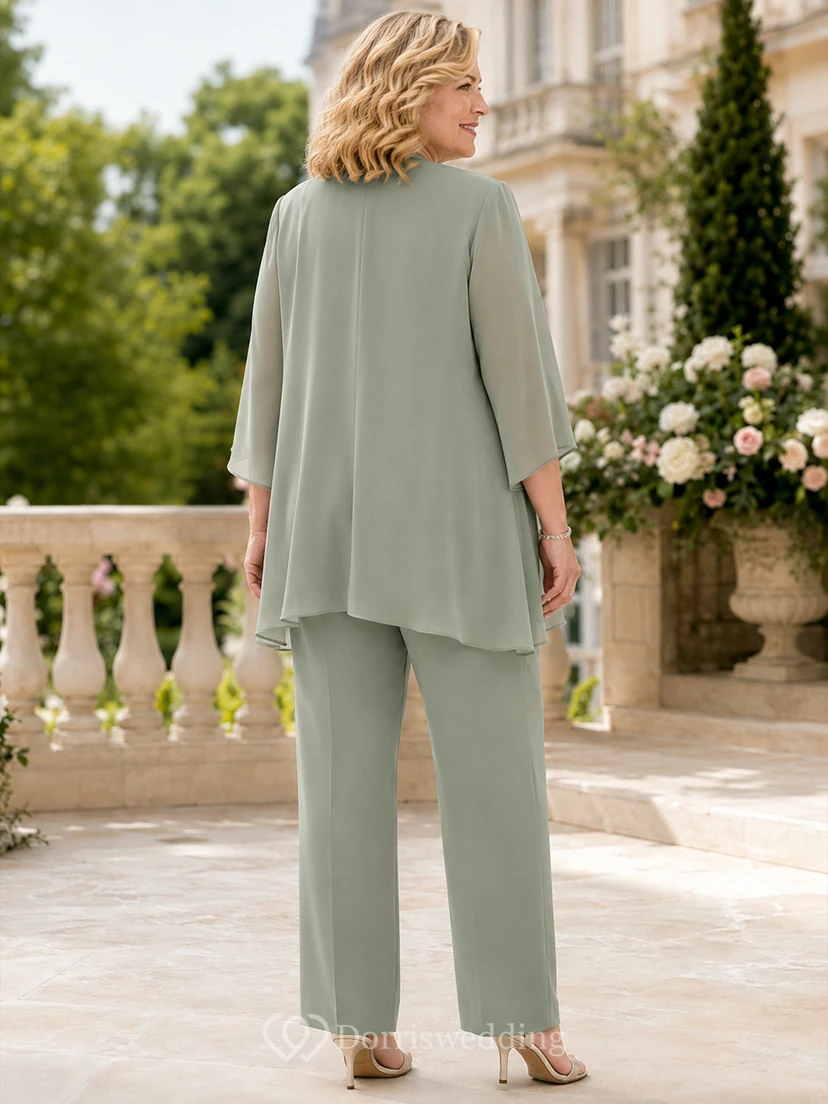 Salbeigrüner, eleganter Chiffon-Hosenanzug in Übergröße mit Dreiviertel-Ausschnitt und geradem Bein – das perfekte Outfit für die Mutter des Bräutigams view 2