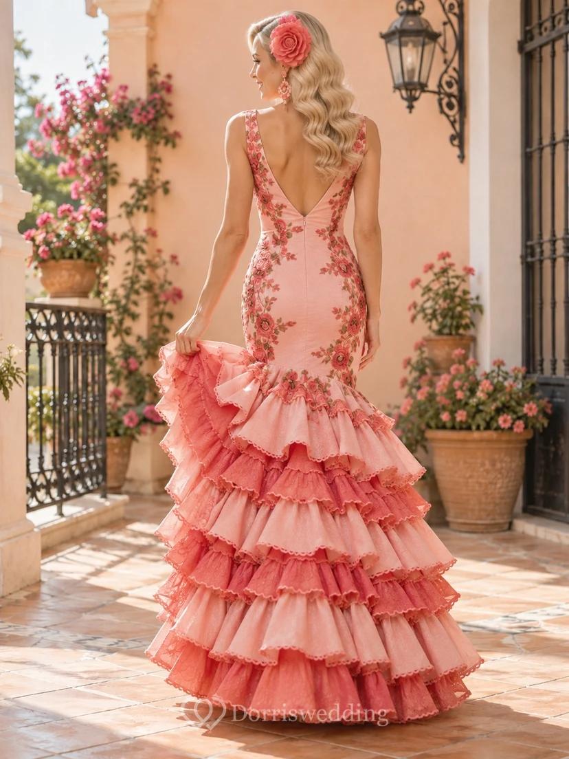 Robe de danse sirène à volants sans manches, col en V et imprimé floral rose flamenco view 2