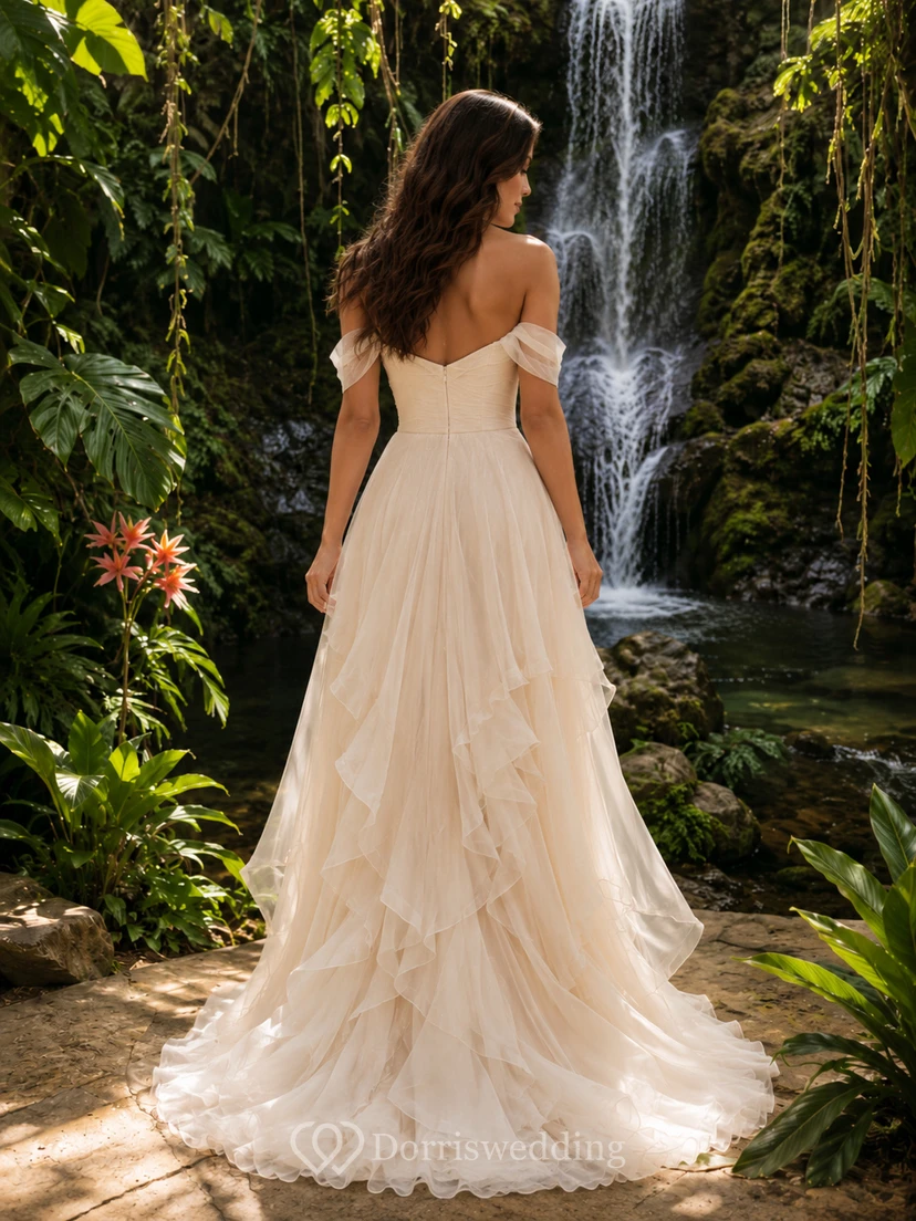 Ruffle Hem Off-Shoulder Tropical Waterfall Elopement Bridal Gown view 2