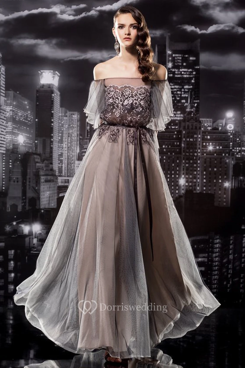 A-Line Off-The-Shoulder Short Sleeve Tulle Illusion Dress With Appliques And Pleats