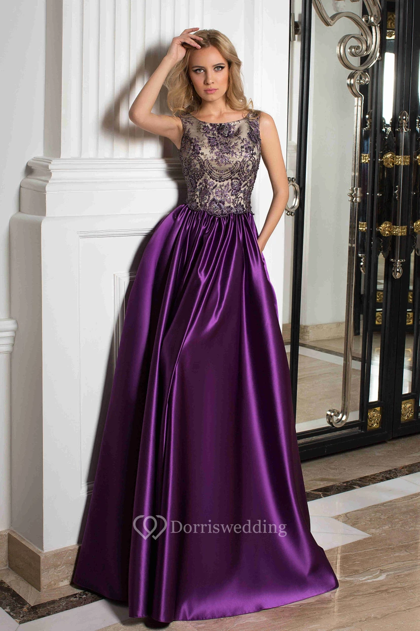 A-Line Floor-Length Scoop Sleeveless Satin Beading Pleats Low-V Back Dress view 3