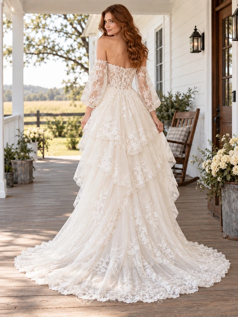Country High-low Long Sleeve Off Shoulder Corset Lace Wedding Dress view 2