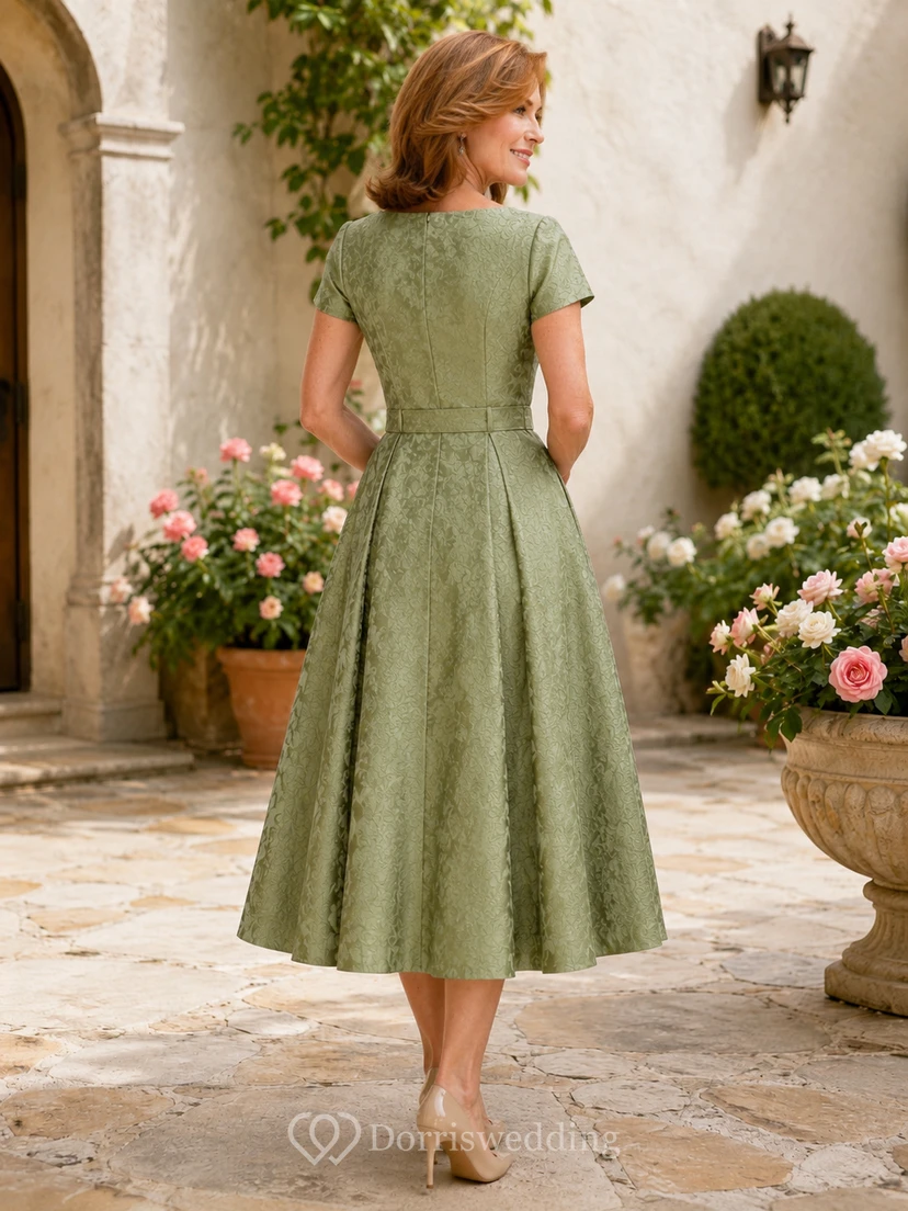 Salbeigrünes, wadenlanges A-Linien-Cocktailkleid im Vintage-Stil für zierliche Frauen, ideal für die Mutter der Braut, mit Rundhalsausschnitt, kurzen Ärmeln und breiter, betonter Taille. view 2