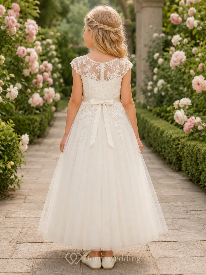 Ivory Ankle-Length A-Line Flower Girl Dress with Illusion Scoop Neck, Lace Cap Sleeves, Button Back and Bow Sash view 2