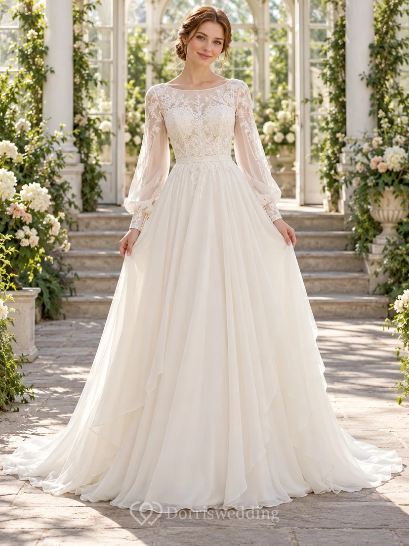 Modest Bateau Neck Long Poet Sleeve Chiffon Lace Wedding Dress