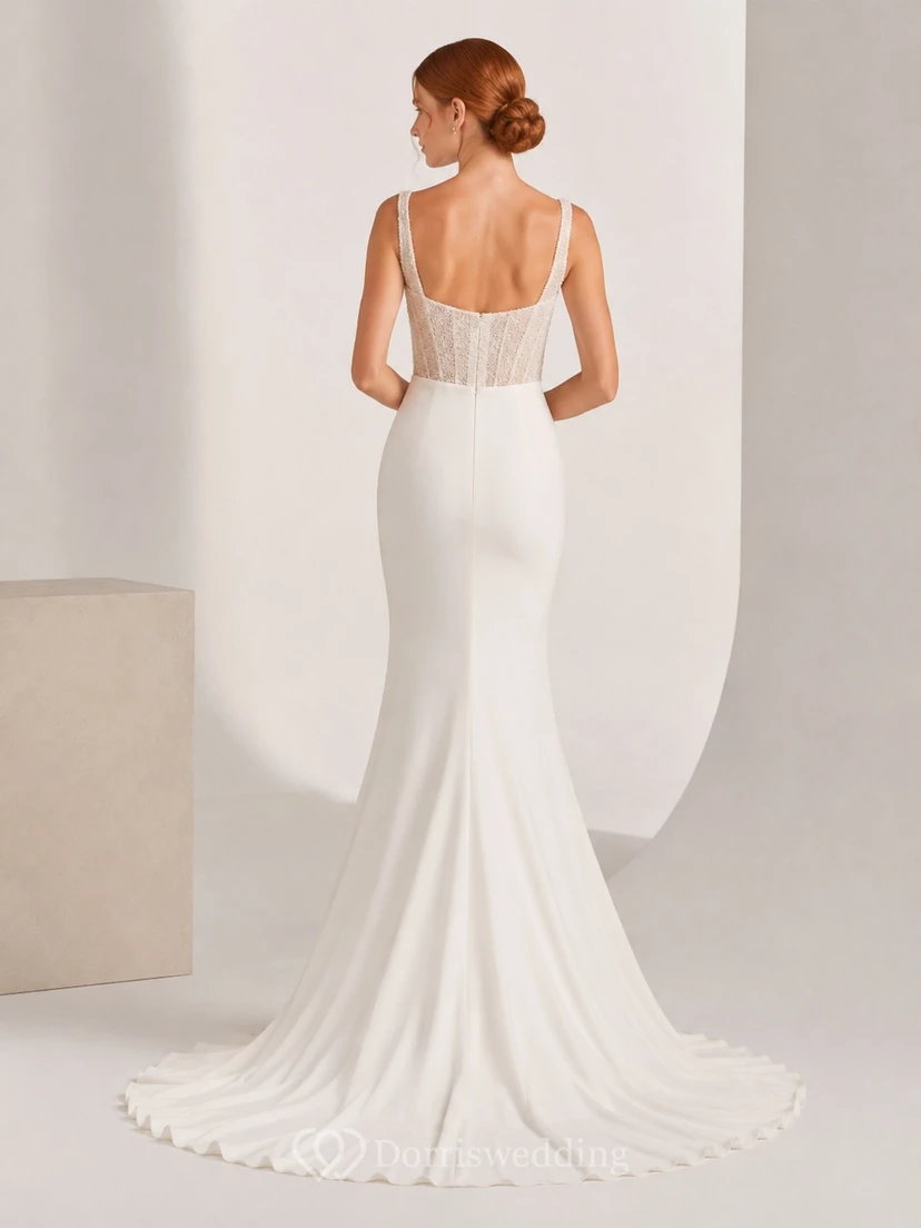 Brautkleid aus Satin, Etuikleid, eckiger Ausschnitt, Spaghettiträger, Schleppe view 2