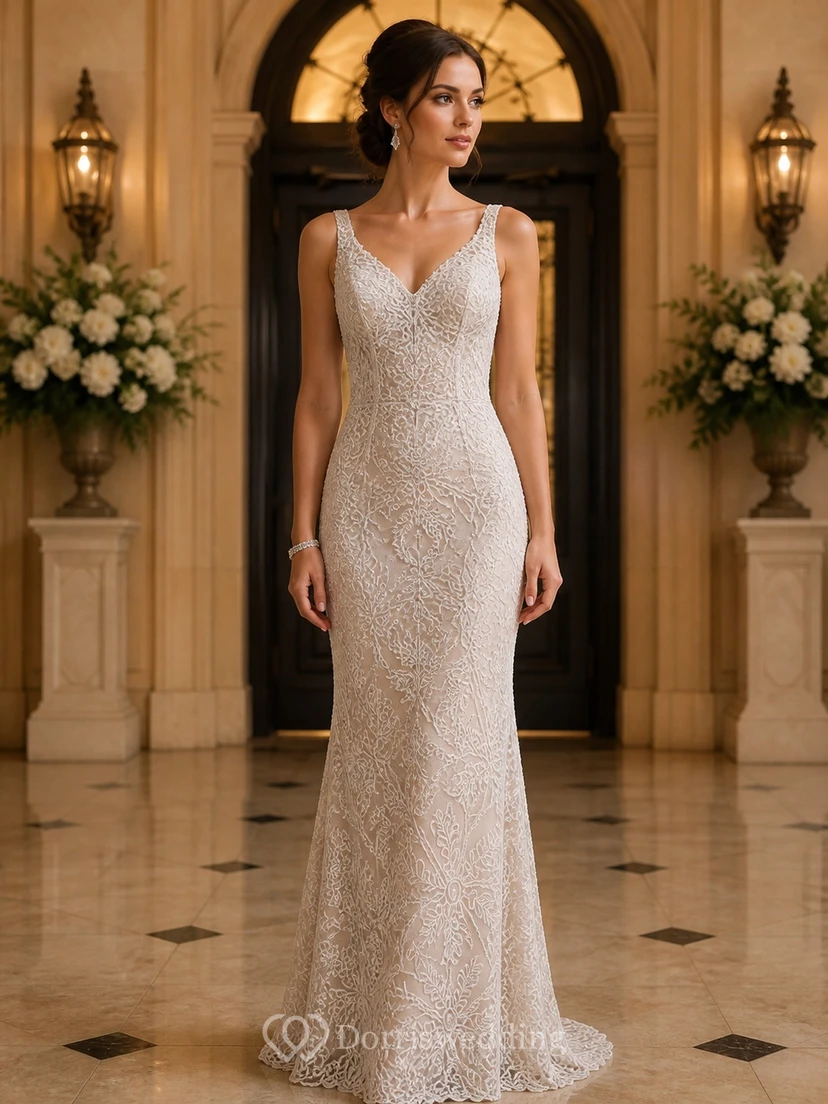 Vestido de novia sencillo de corte recto con escote en V, tirantes y encaje, largo hasta el suelo.