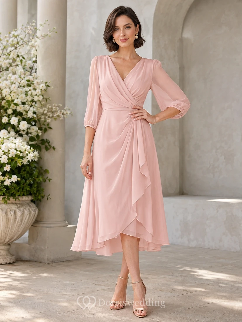 Dusty Rose Romantic V-Neck Chiffon Three-Quarter-Sleeve A-Line Tea-Length Dress