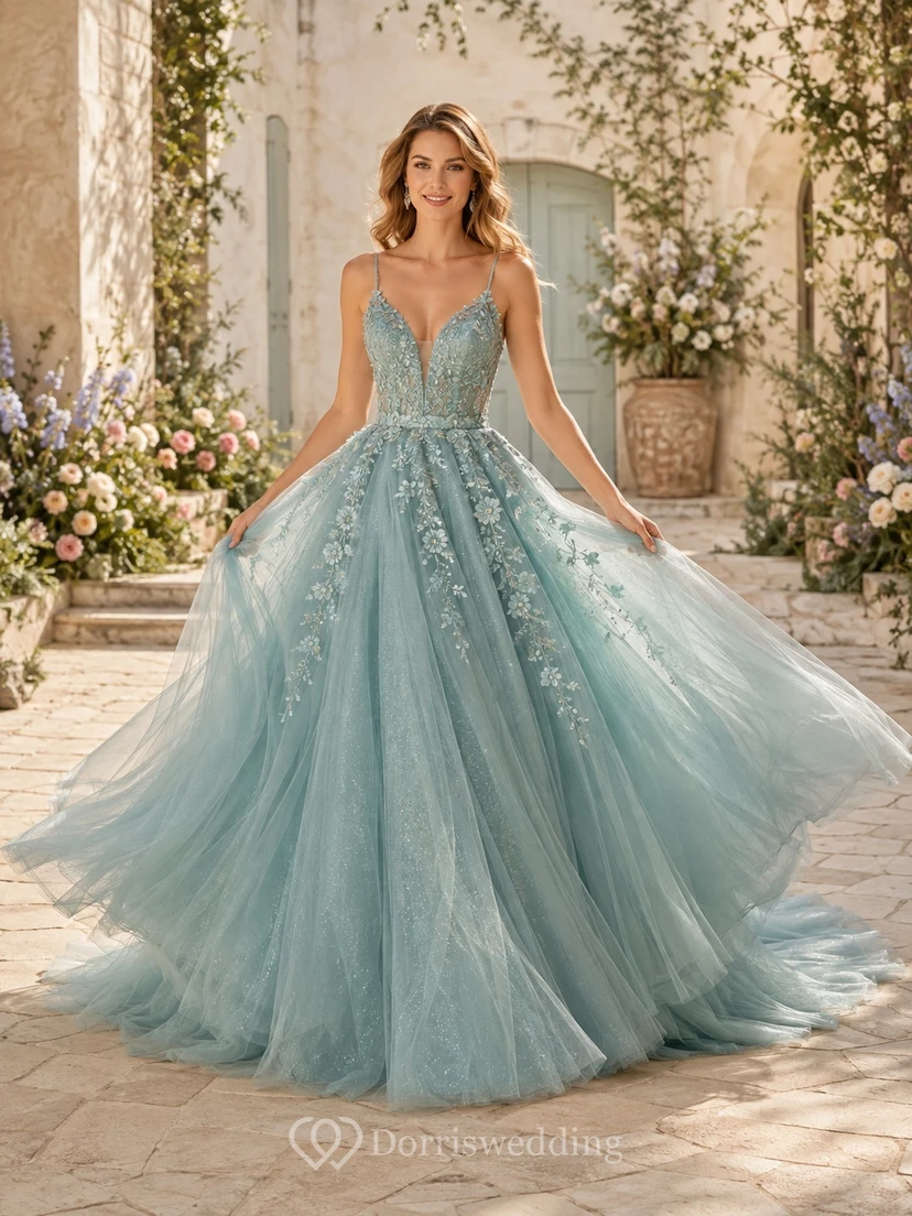 Sky Blue Spaghetti Lace Glitter Tulle Ball Gown Chapel Train Wedding Dress