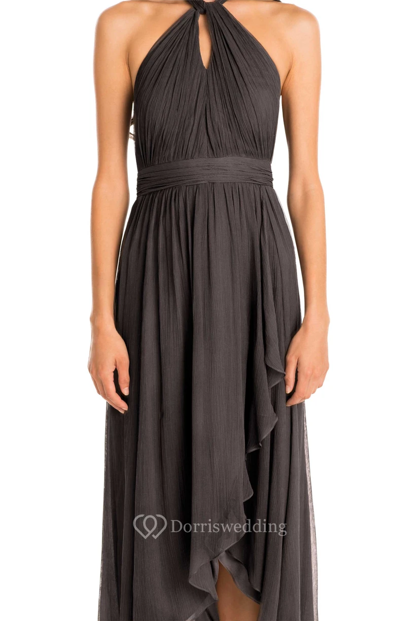High-Low Ruched Halter Sleeveless Chiffon Muti-Color Bridesmaid Dress view 3