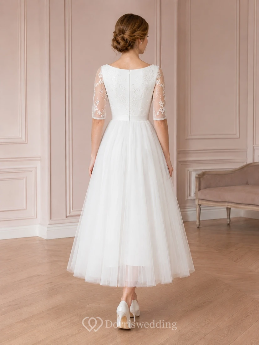 White Square Neck Lace Sleeve Tulle A-Line Floor-Length Dress view 2